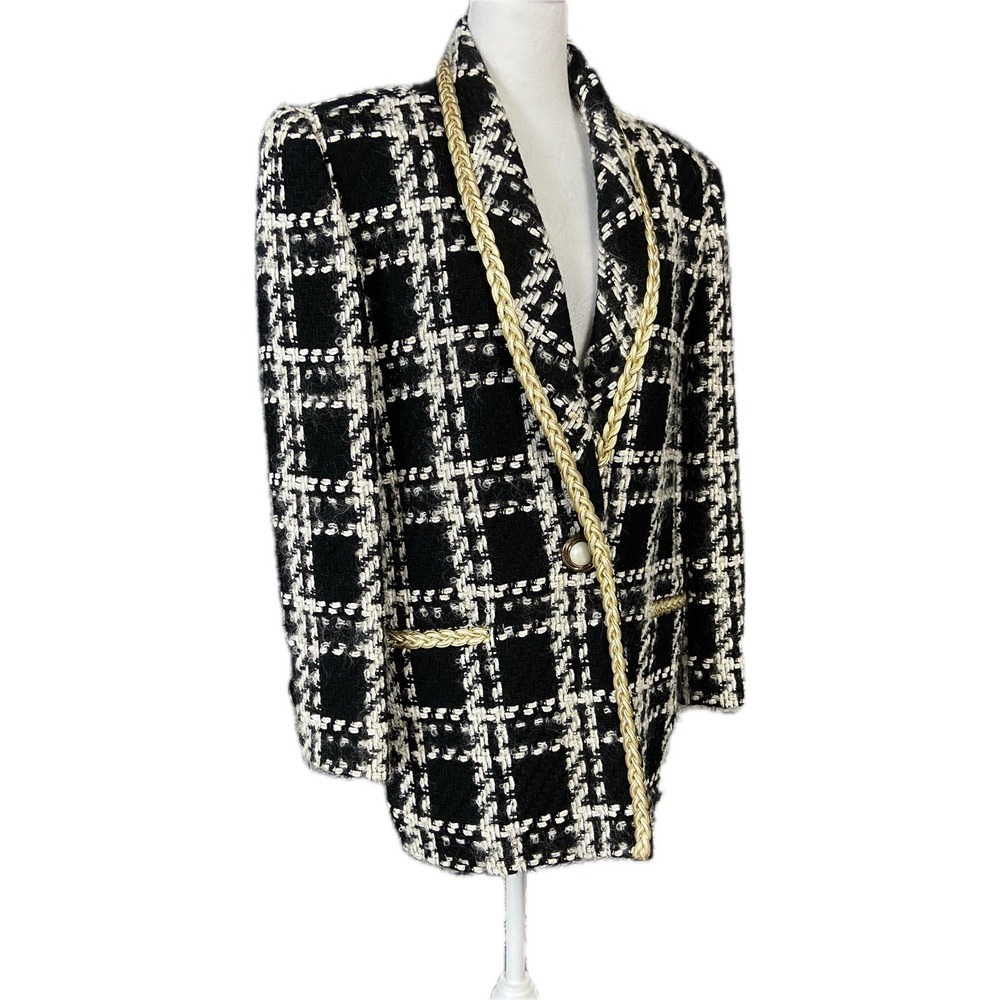 Vintage Eleanor P Brenner Blazer Womens 6 Black Tweed Shawl Tuxedo Gold Trim